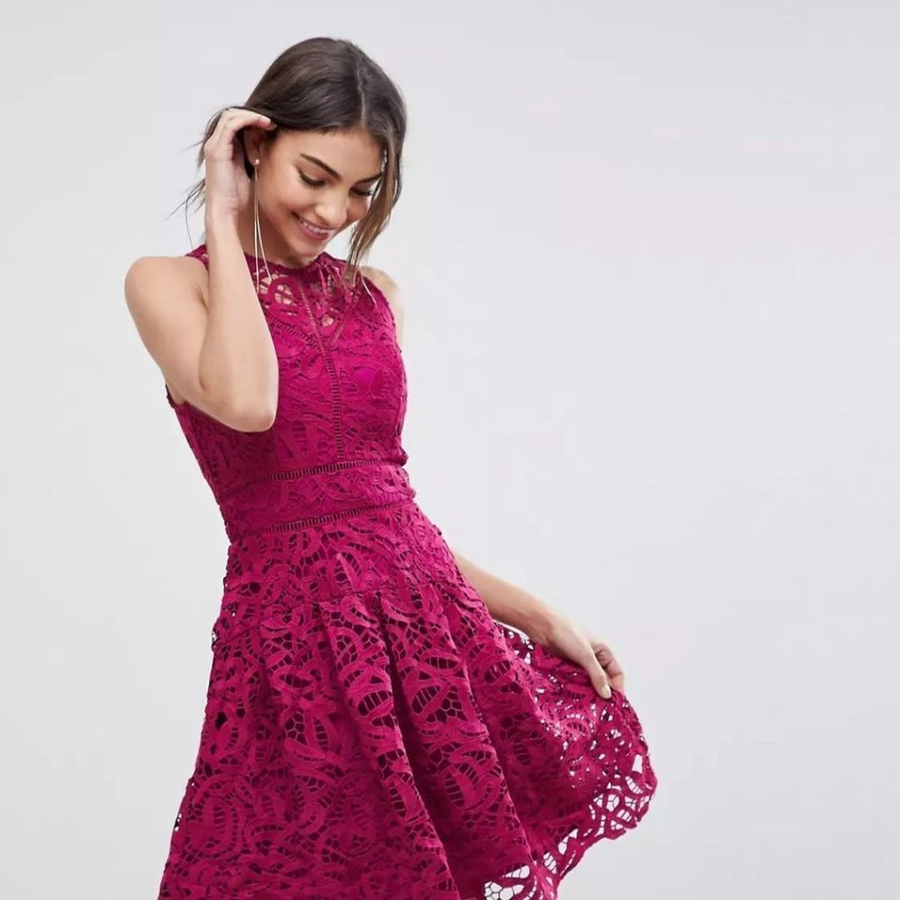 Adelyn Rae Lace Fit N Flare Dress Burgundy Size M